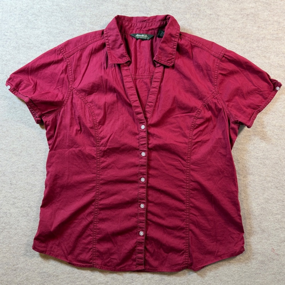 Y2K Eddie Bauer Cottesloe Red Short Sleeve Button Down Cotton Top Sz M Coquette